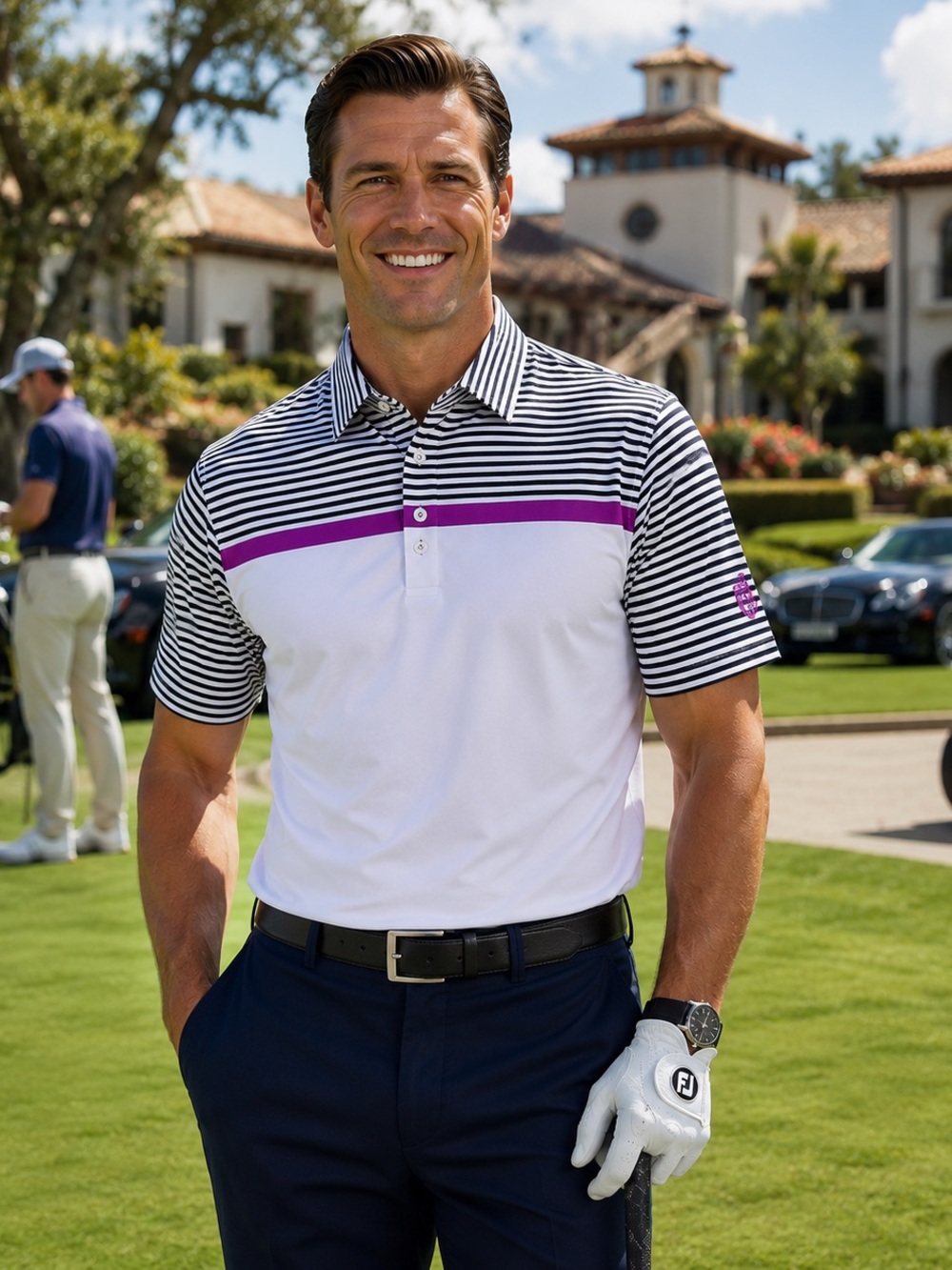 FootJoy West Bay Golf Polo XL Luxury Performance Old Money Purple Stripe